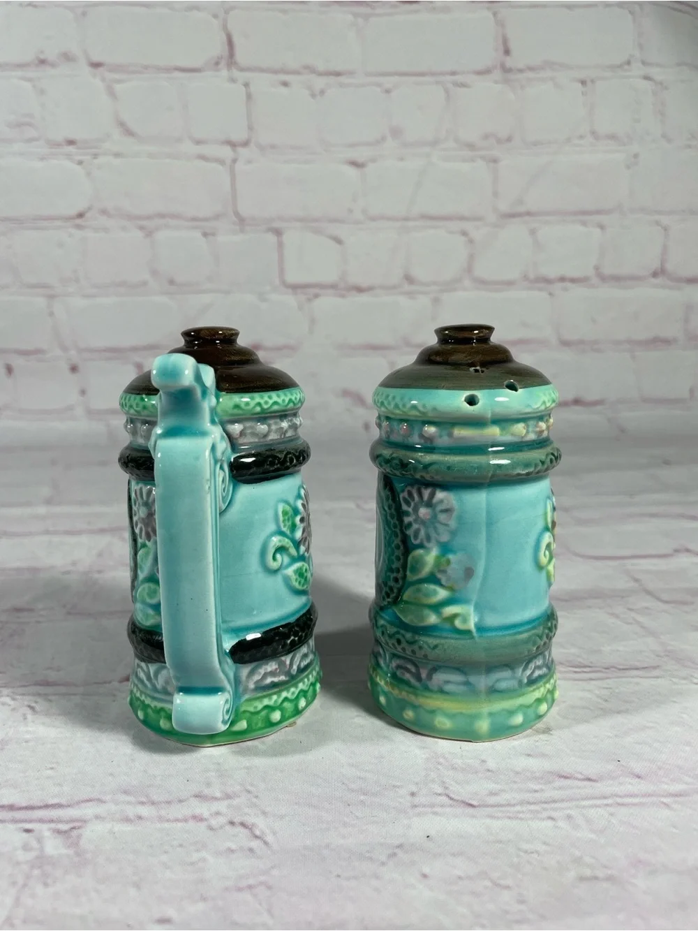 Vintage Teal Floral Ceramic Lidded Beer Stein Salt and Pepper Shaker Pair Japan